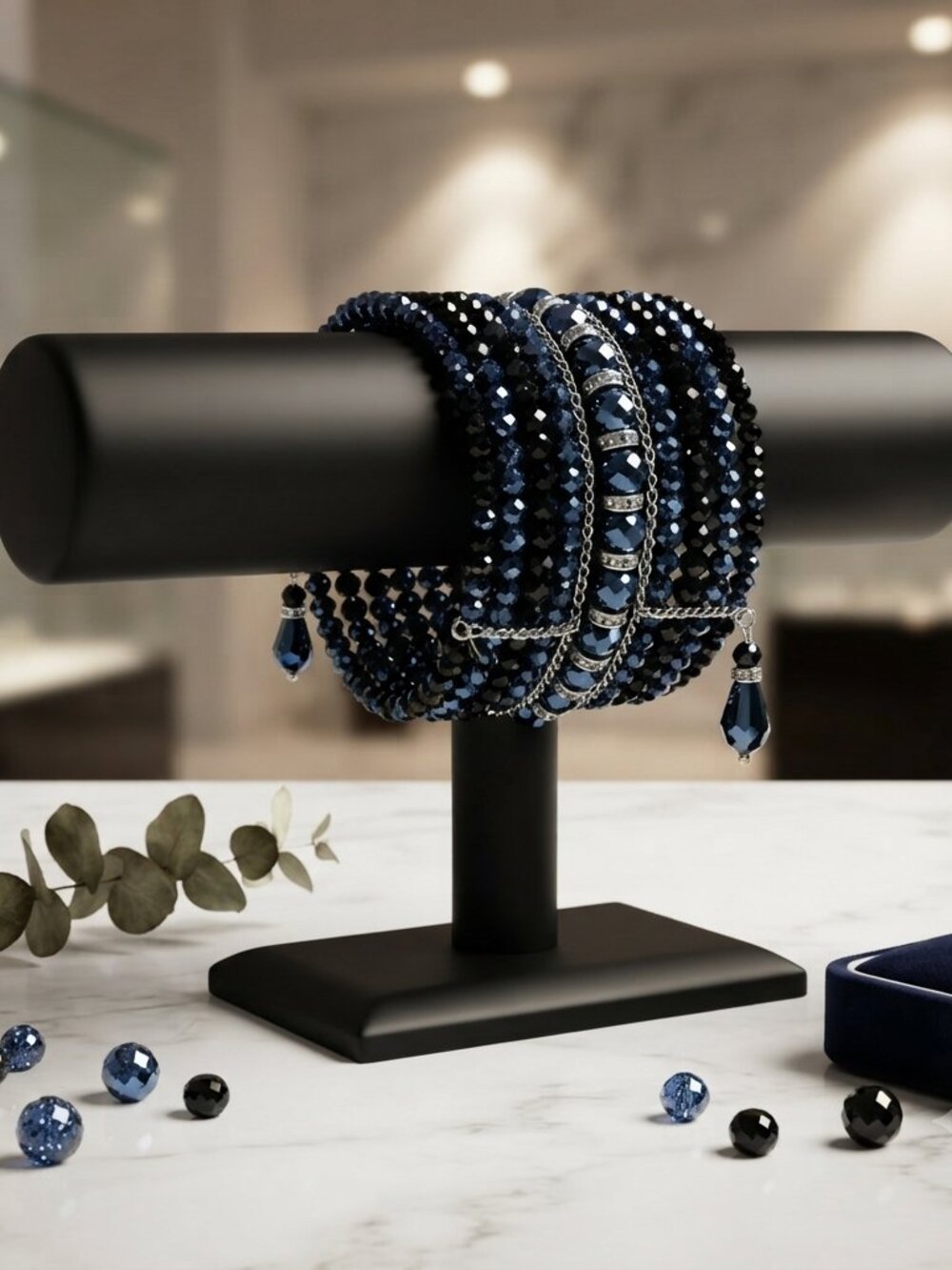 Ali Khan Multi-Row Blue & Black Crystal Beaded Statement Bracelet